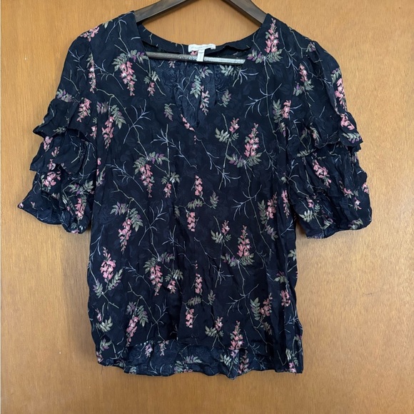 Rebecca Taylor‎ Flutter Sleeve Navy Silk Blend Floral Top Size 6 - Picture 1 of 6